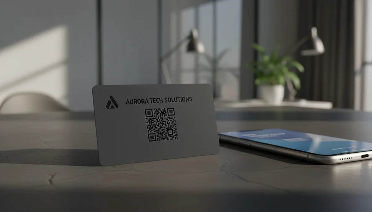 Phone scanning a business profile QR code, instantly displaying contact details for modern professional networking.