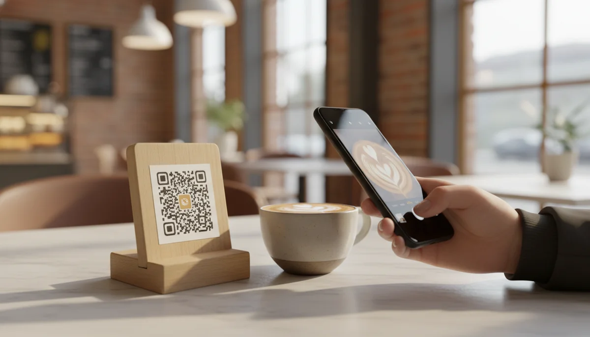 Customer's hand scanning a cafe QR code menu from their phone at a modern coffee shop table.