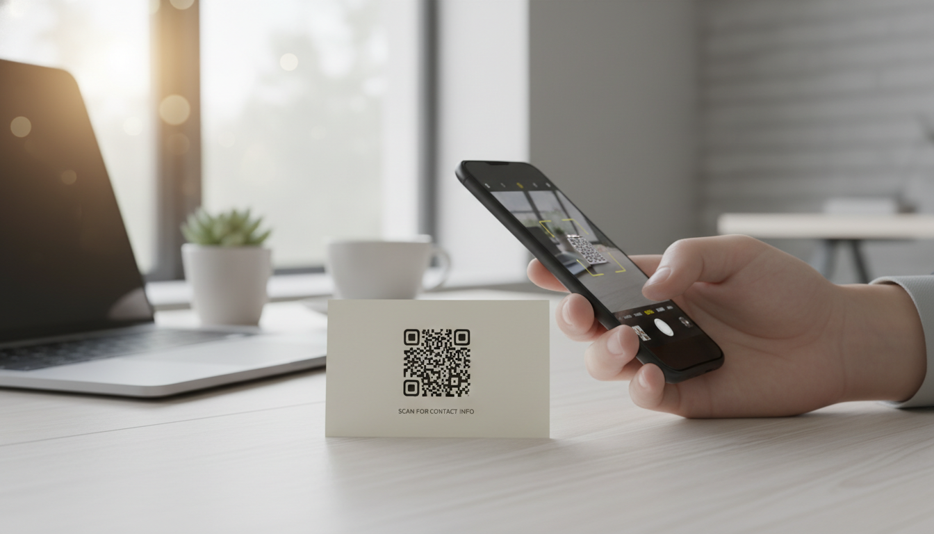 Tarjeta de presentación con código QR vCard escaneable para compartir contactos fácilmente.