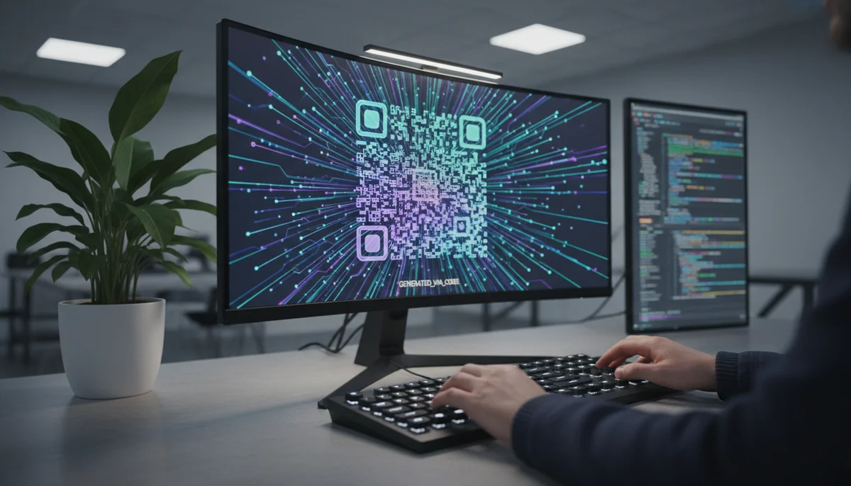 Code editor displaying QR code generation logic and a generated QR code, highlighting developer QR code tools.