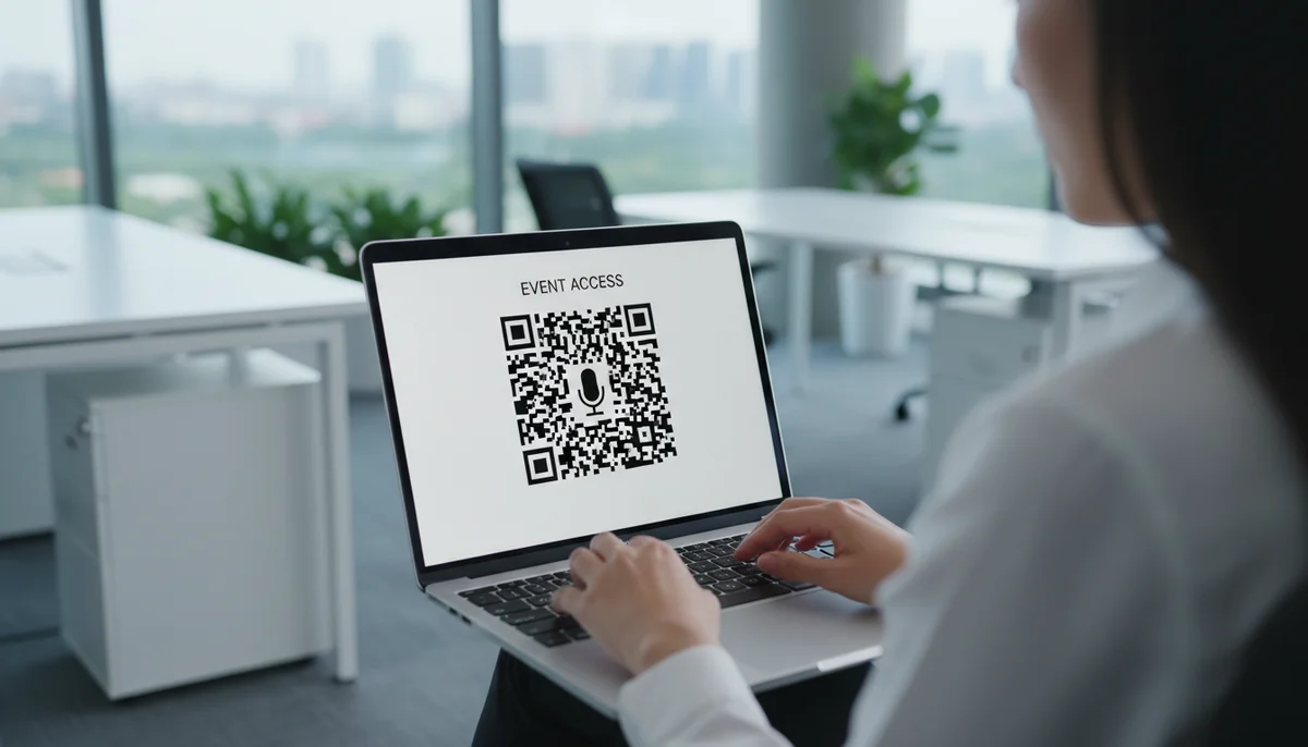 Hands on a laptop screen, demonstrating an event QR code generator in action to create codes for events.
