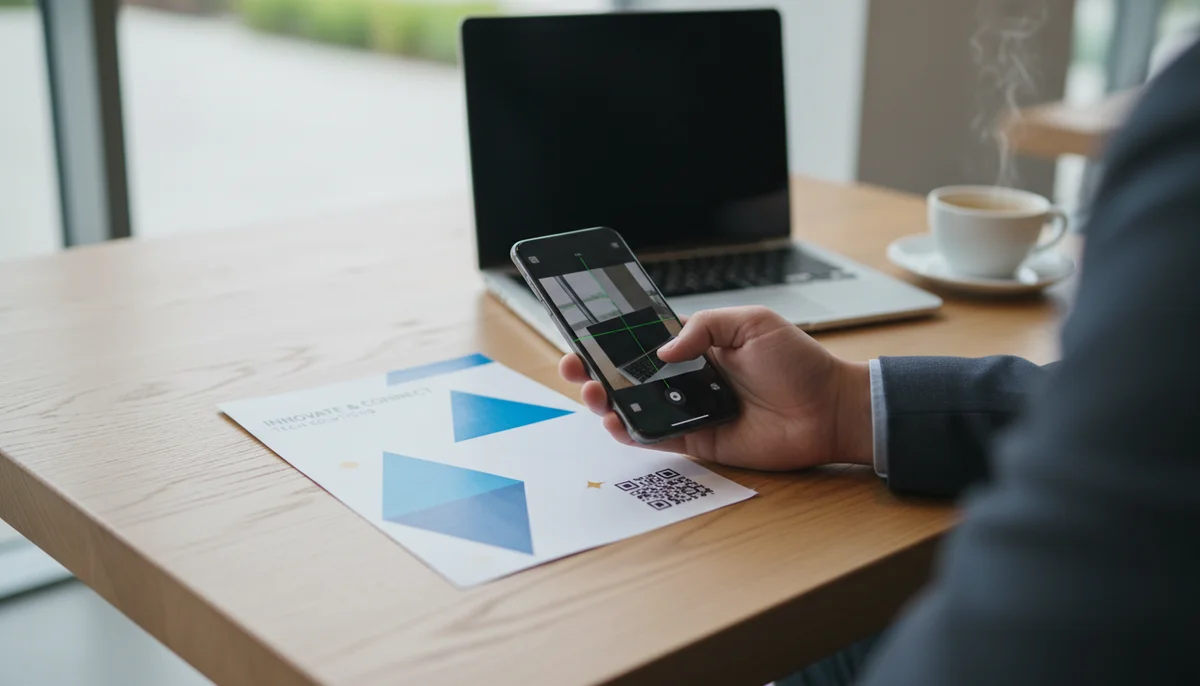 Hand scanning a QR code on a vibrant flyer, demonstrating effective flyer QR code marketing.