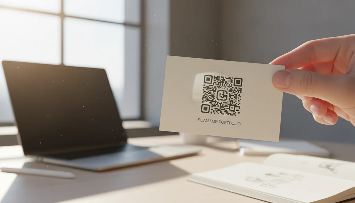 A smartphone scanning a portfolio QR code, displaying a digital portfolio on screen for efficient sharing.
