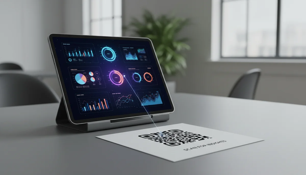 Screen showing a QR code and data graphs, demonstrating QR code analytics to track user engagement.