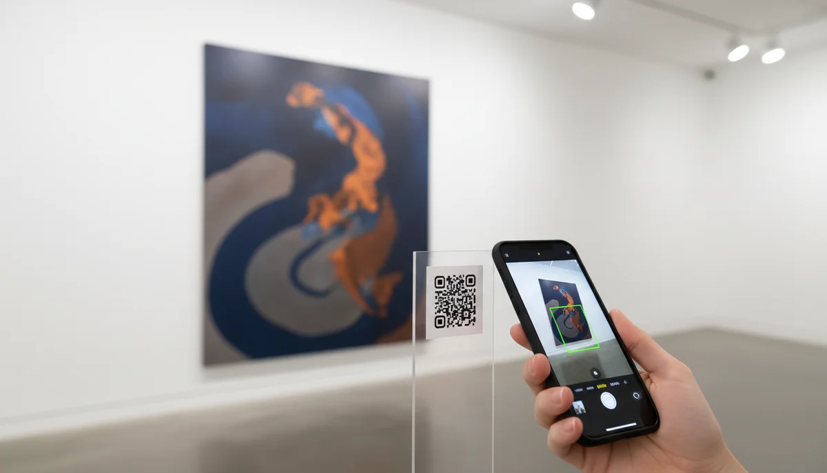 Person scanning a QR code next to a painting, illustrating QR codes for art galleries.