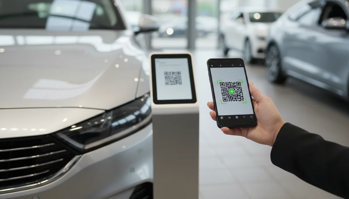 Hand scanning QR code on a car window, showcasing QR code car sales innovation.