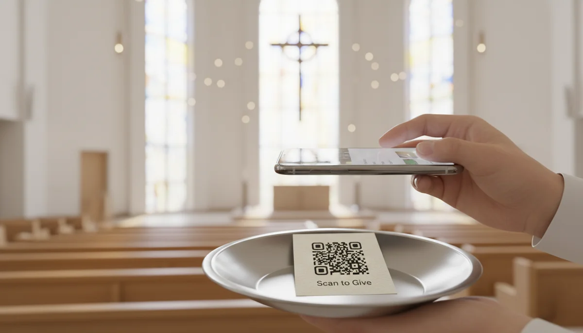 Hand scanning a QR code in a church, showing modern ways for church donations and member engagement.