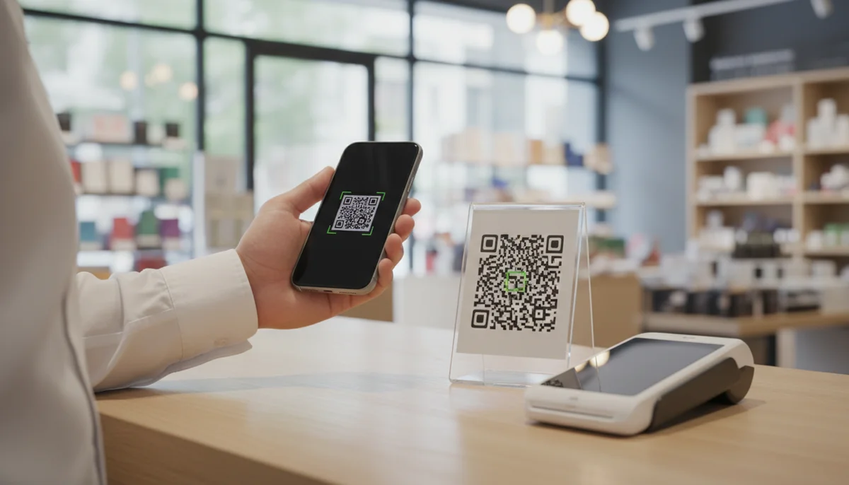 Smartphone scanning a QR code offering a digital coupon for shopping.