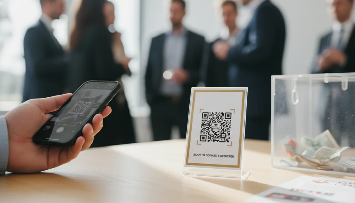 Hand scanning a QR code for a charity donation, simplifying the giving process.