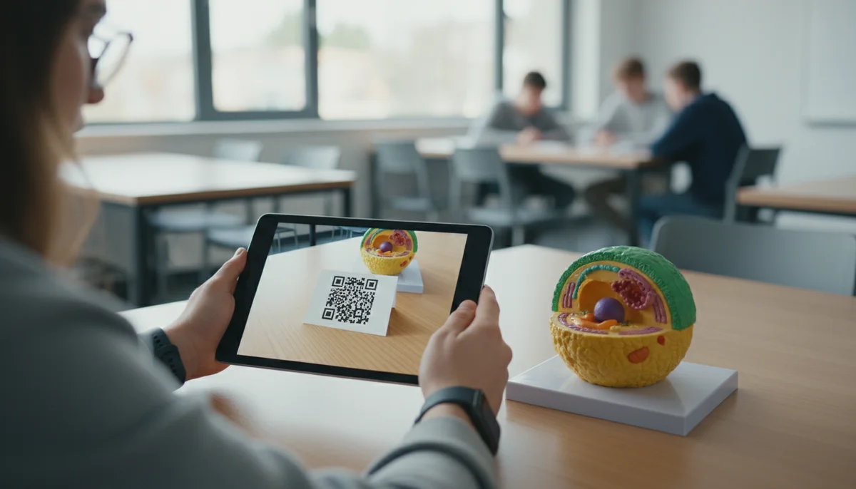 Teacher and students engaging with a QR code on a tablet, demonstrating effective QR code education use in the classroom.