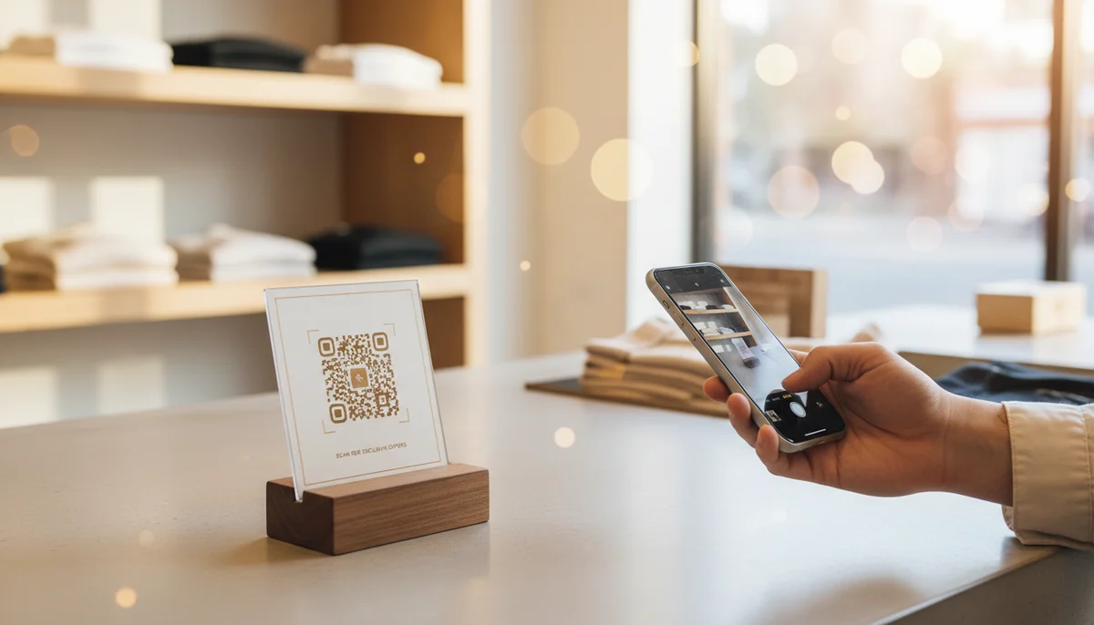 Main scannant un QR code sur un support de table pour découvrir les avantages des QR codes entreprise.