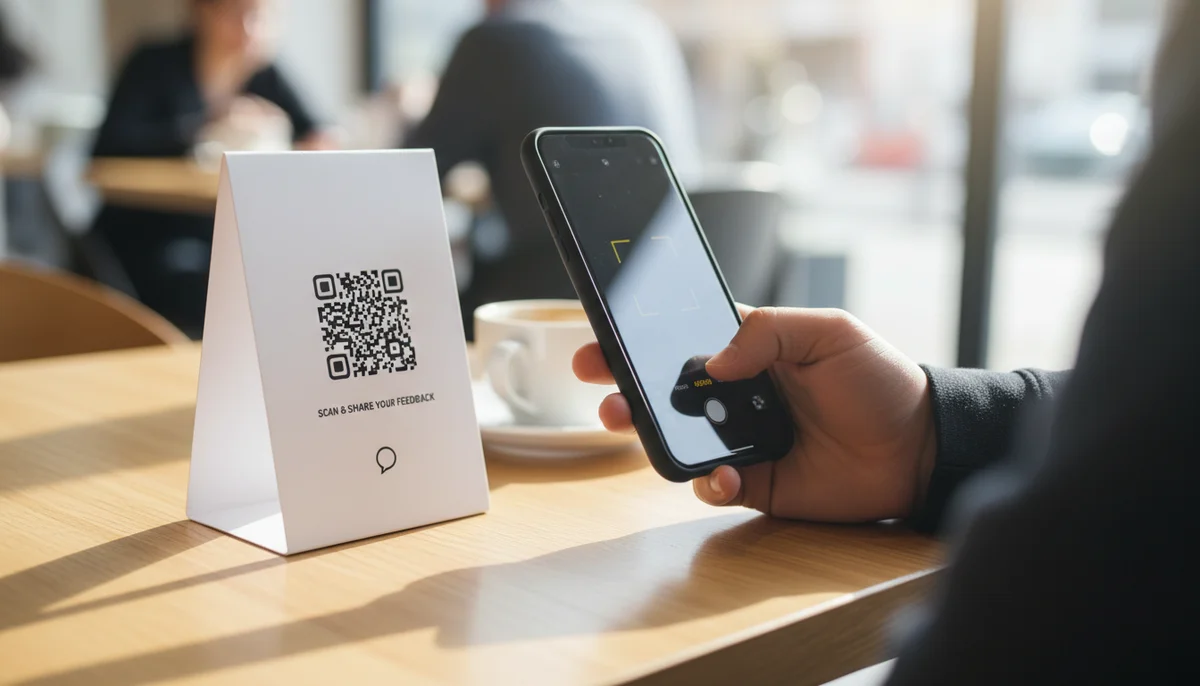 Smartphone scanning a QR code, displaying an online customer feedback form.
