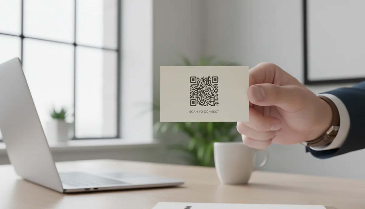 Close-up of a sleek business card featuring a distinct qr code for business card, ready for contact sharing.