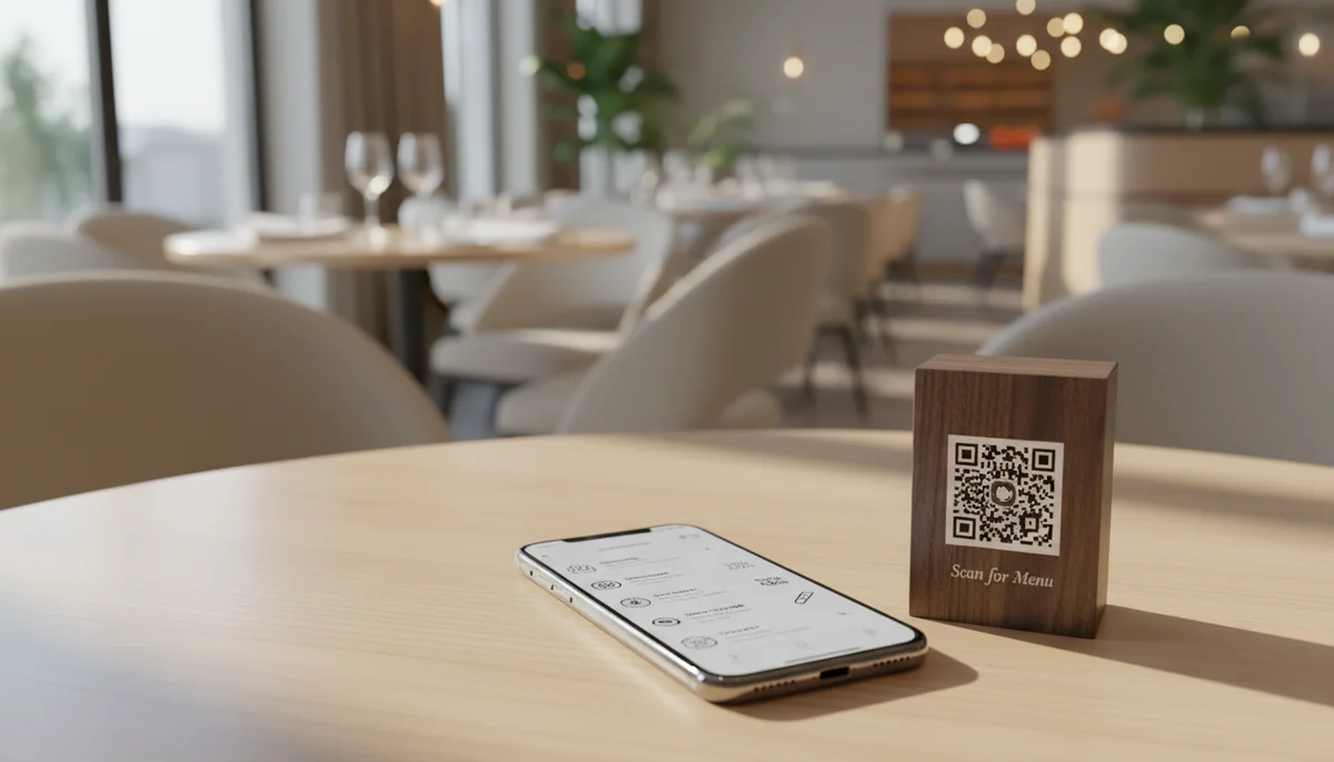A smartphone scans a qr code for restaurant menu on a sleek restaurant table, displaying a digital menu.