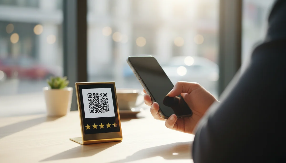 Smartphone screen displaying a custom QR code for Google reviews.