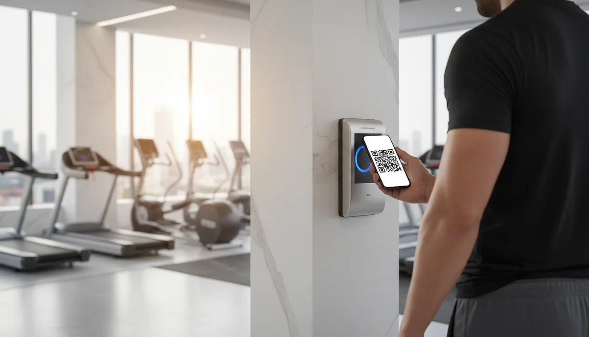 Athlete scanning QR code for gym membership check-in, streamlining fitness facility access.