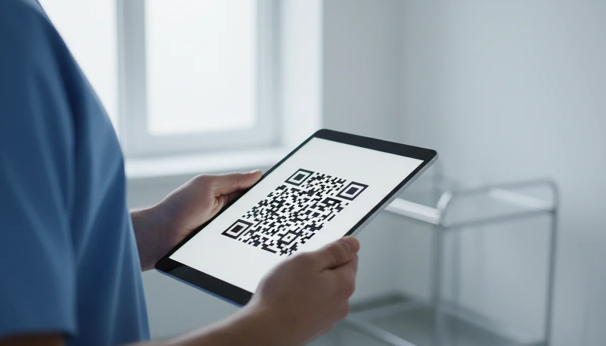 A hand scans a QR code on a digital screen, symbolizing secure and efficient QR code healthcare.