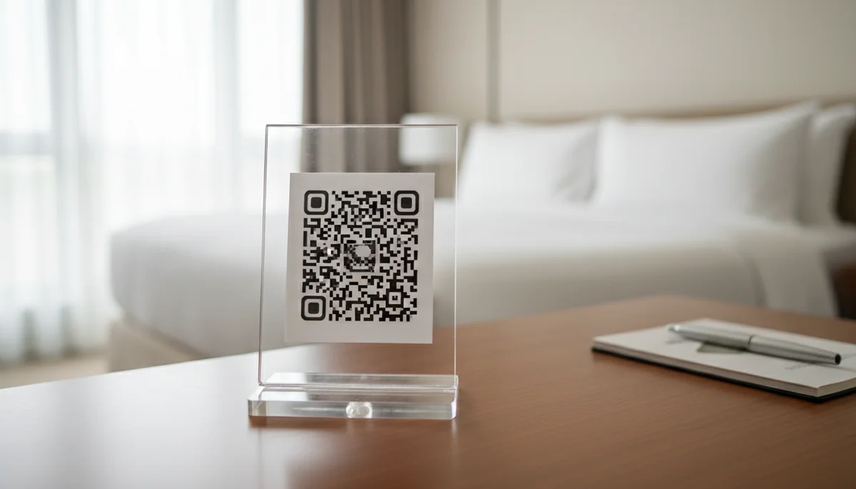A modern smartphone scans a QR code, instantly connecting guests to various hotel services.