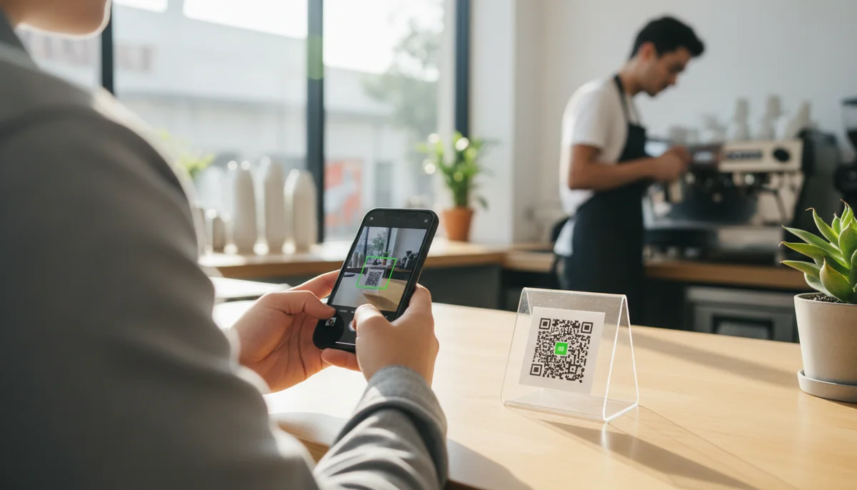 Hand holding a smartphone scanning a QR code at a retail counter, symbolizing a modern QR code loyalty program.
