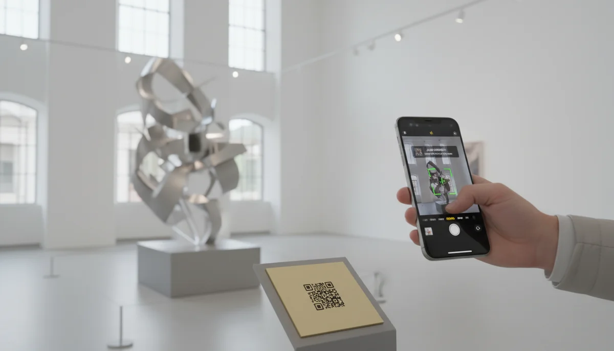 Phone displaying interactive museum guide via QR code, enhancing the museum experience.