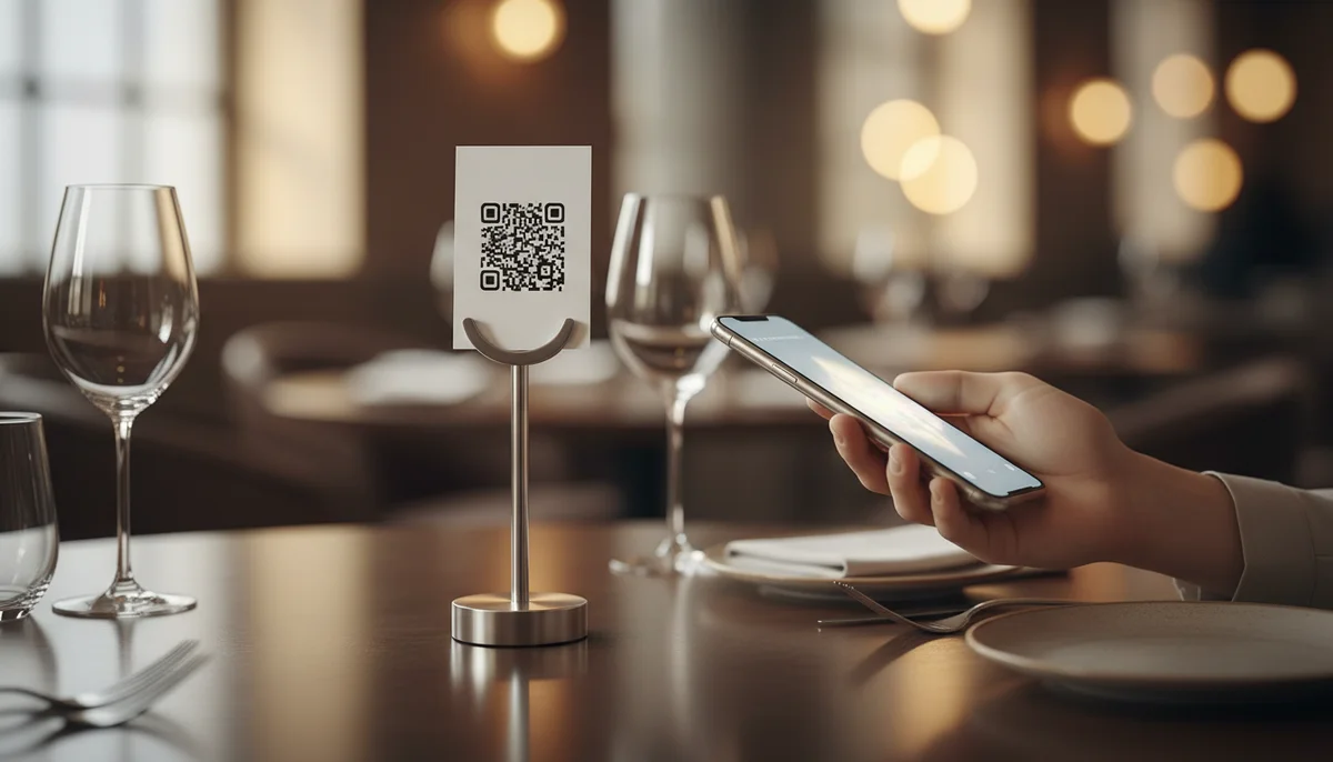 Restaurant patron scans a table QR code with a smartphone to use a QR code ordering system.