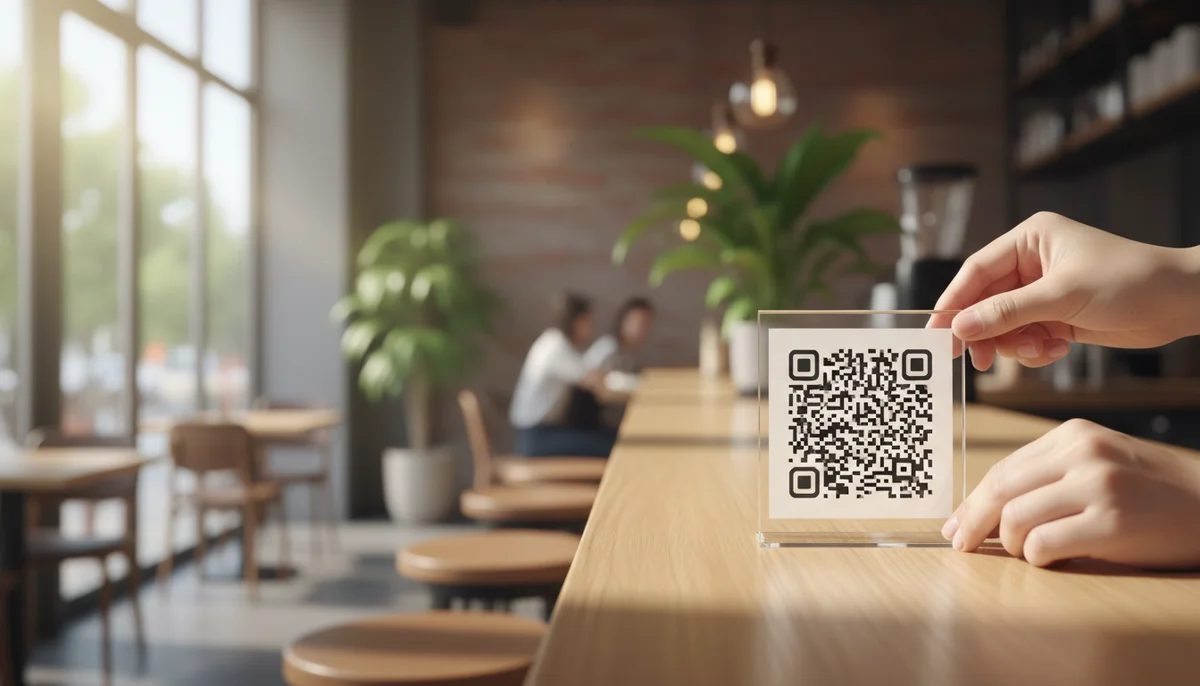 Hand scanning a QR code on a visible sign, demonstrating optimal QR code placement.