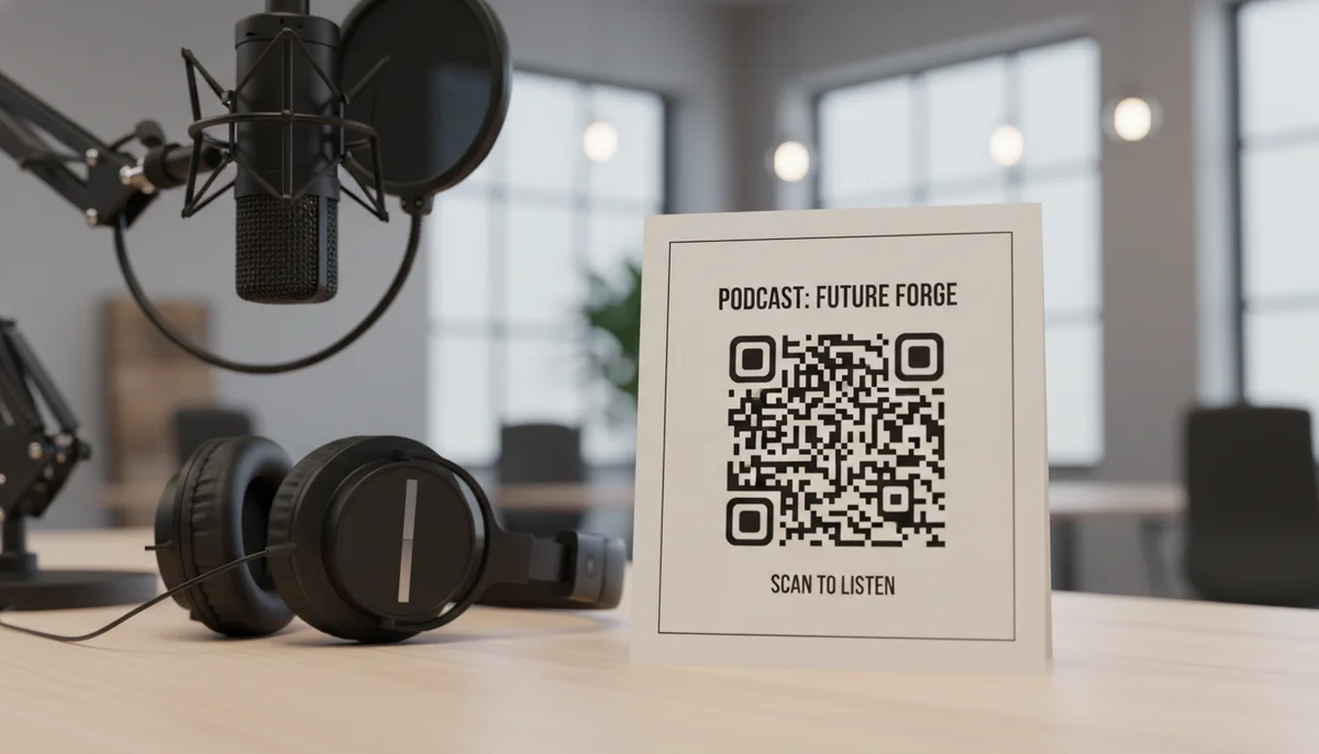 A smartphone displaying a podcast player, with a QR code for effective podcast marketing.