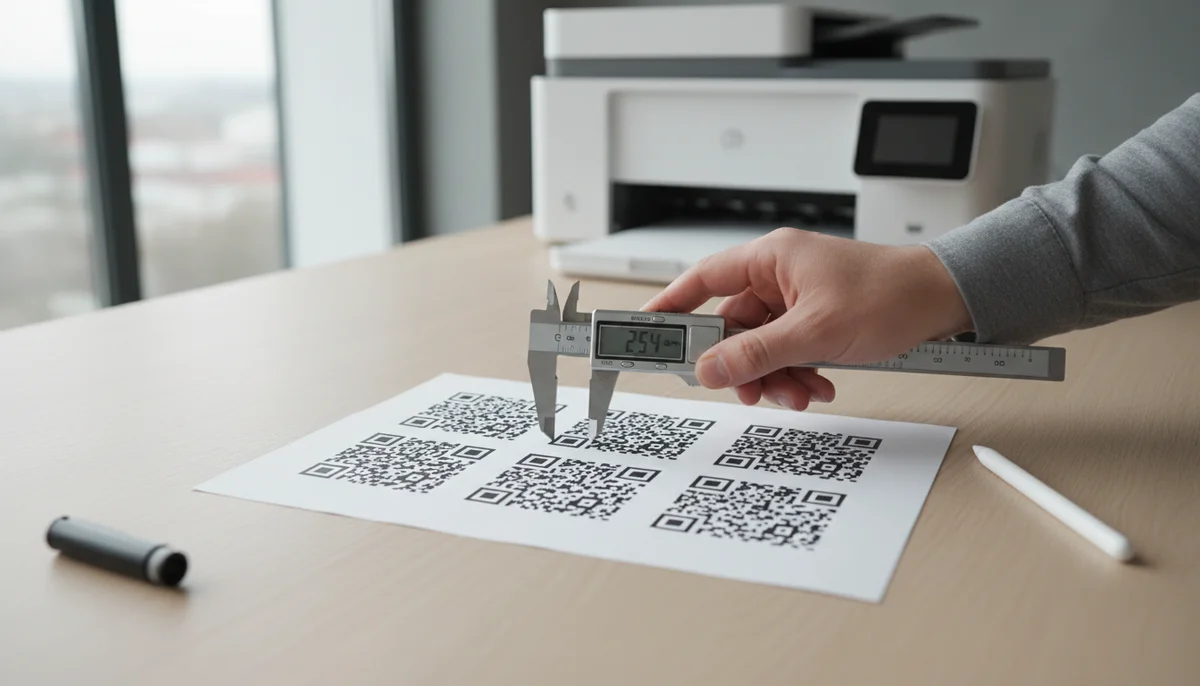Hand scans a crisp, scannable QR code on paper, representing a successful QR code printing guide.