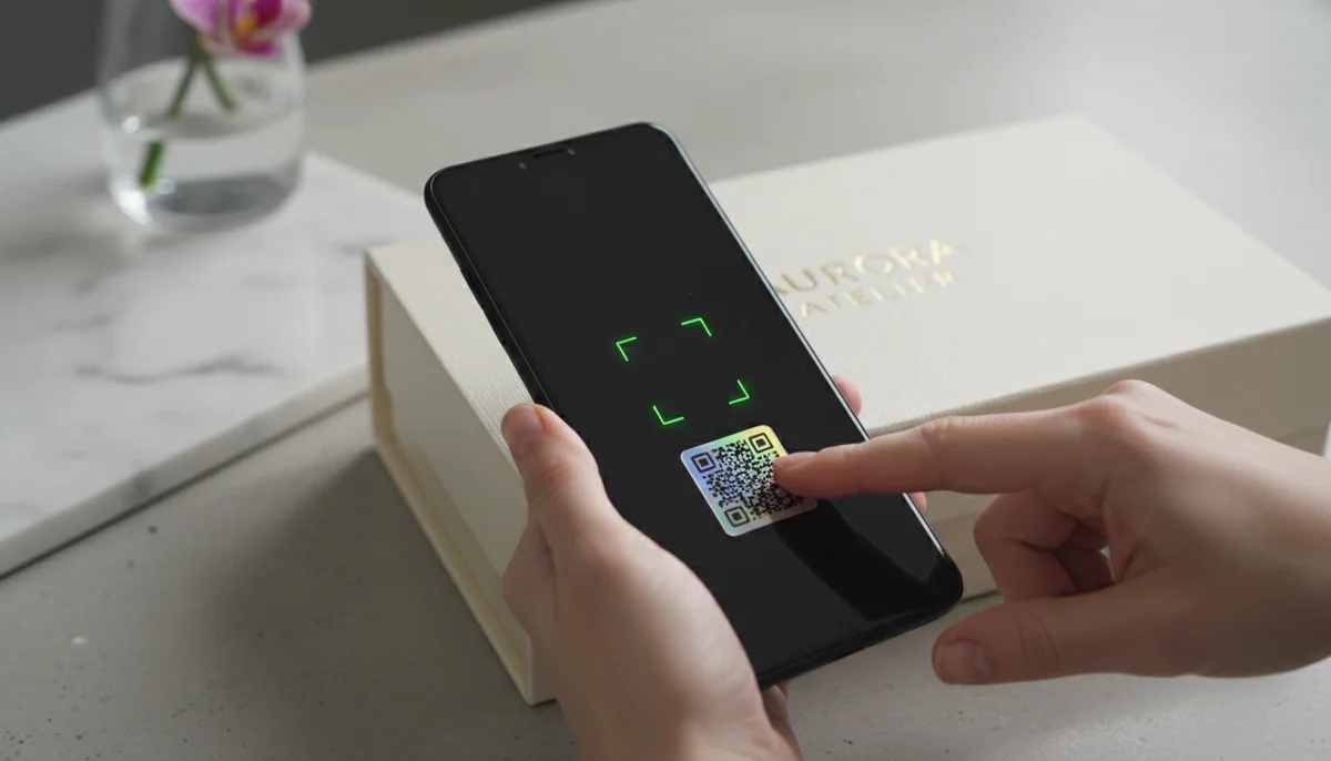 Smartphone scanning a QR code on a product box, illustrating QR code product authentication.
