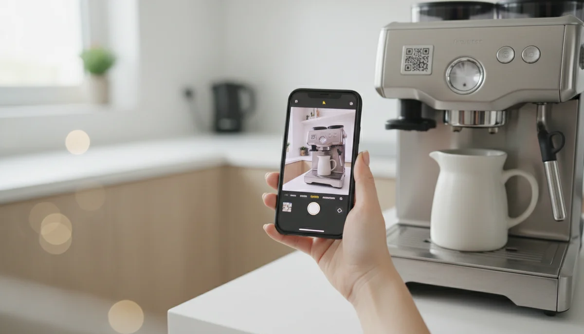A user scans a QR code product manual on a box, accessing instant digital instructions.