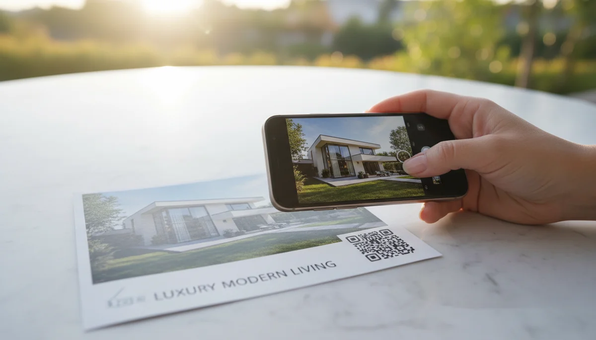 Smartphone scanning a modern QR code real estate flyer, connecting potential buyers instantly.