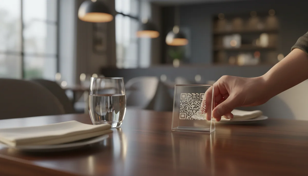 Smartphone scanning a QR code on a restaurant menu, linking to a digital menu.