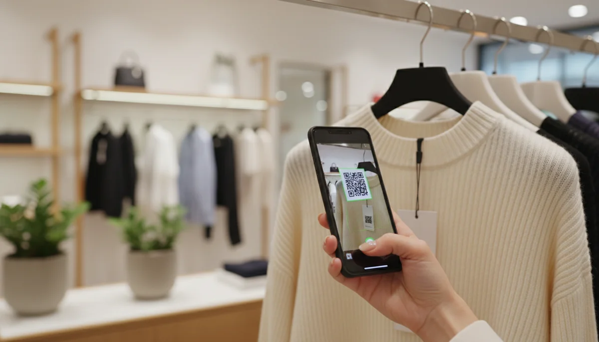 Smartphone scanning a QR code on a retail display, demonstrating QR code retail marketing.
