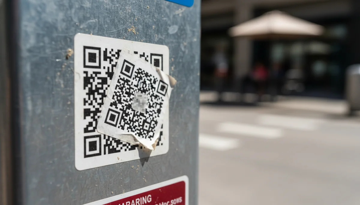 Smartphone scanning a QR code, questioning QR code security and data protection.