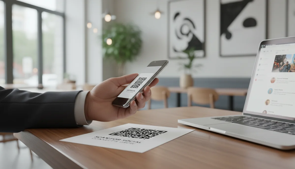 Smartphone scanning a QR code linked to social media profiles, illustrating effective QR code social marketing.