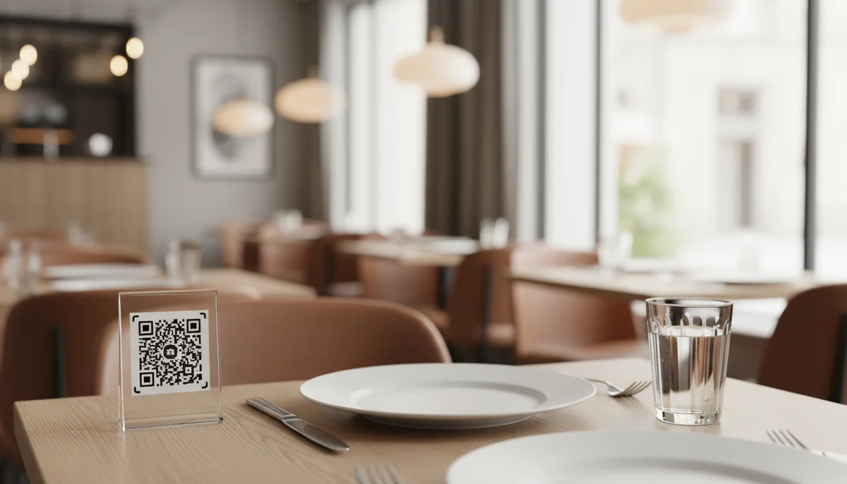 A hand scans a QR code table menu in a restaurant setting, providing easy digital access for diners.