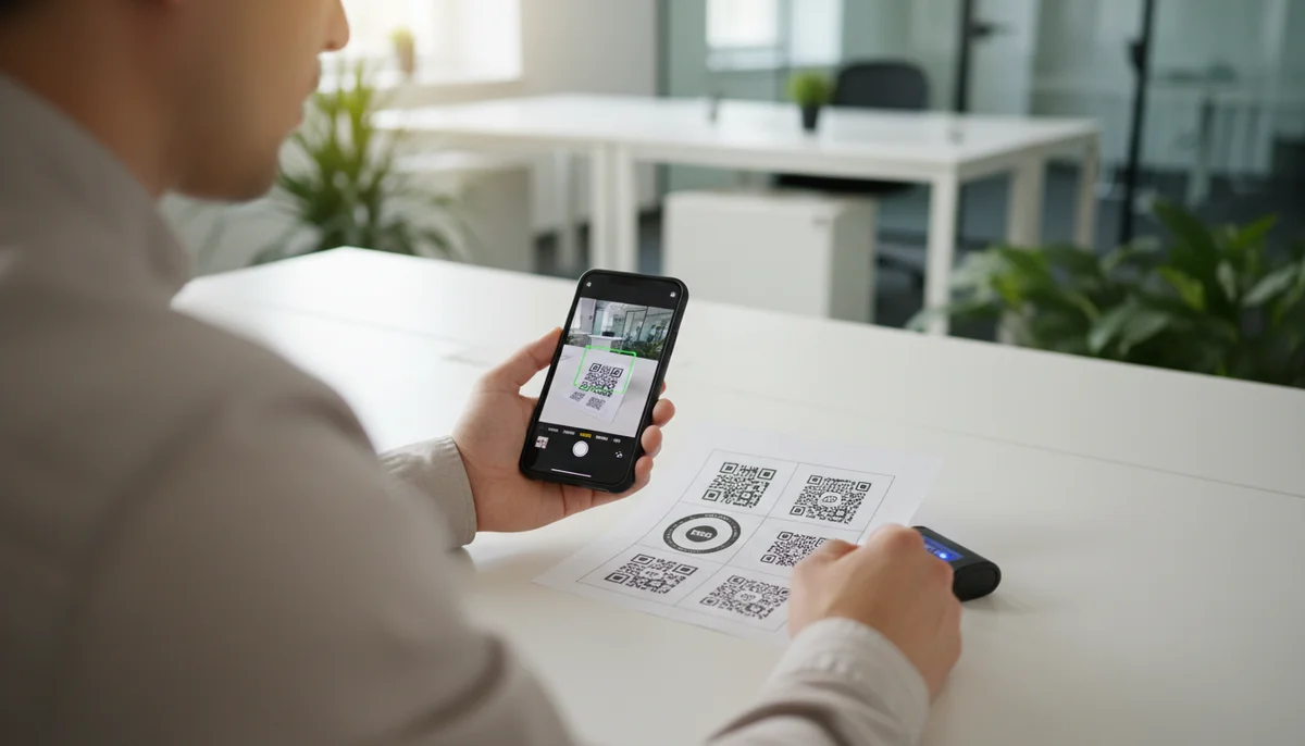 Smartphone scanning a QR code, demonstrating key steps in testing QR codes for accuracy.