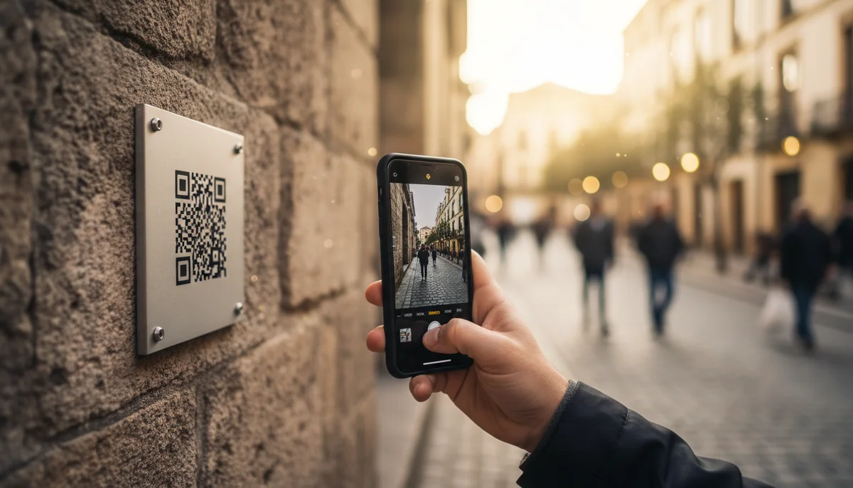 A tourist scanning a QR code on a destination sign, a prime example of QR codes for tourism.