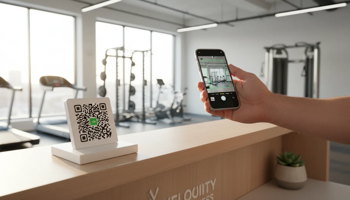 Fitness trainer and client using a QR code for easy session booking or access to workout plans.