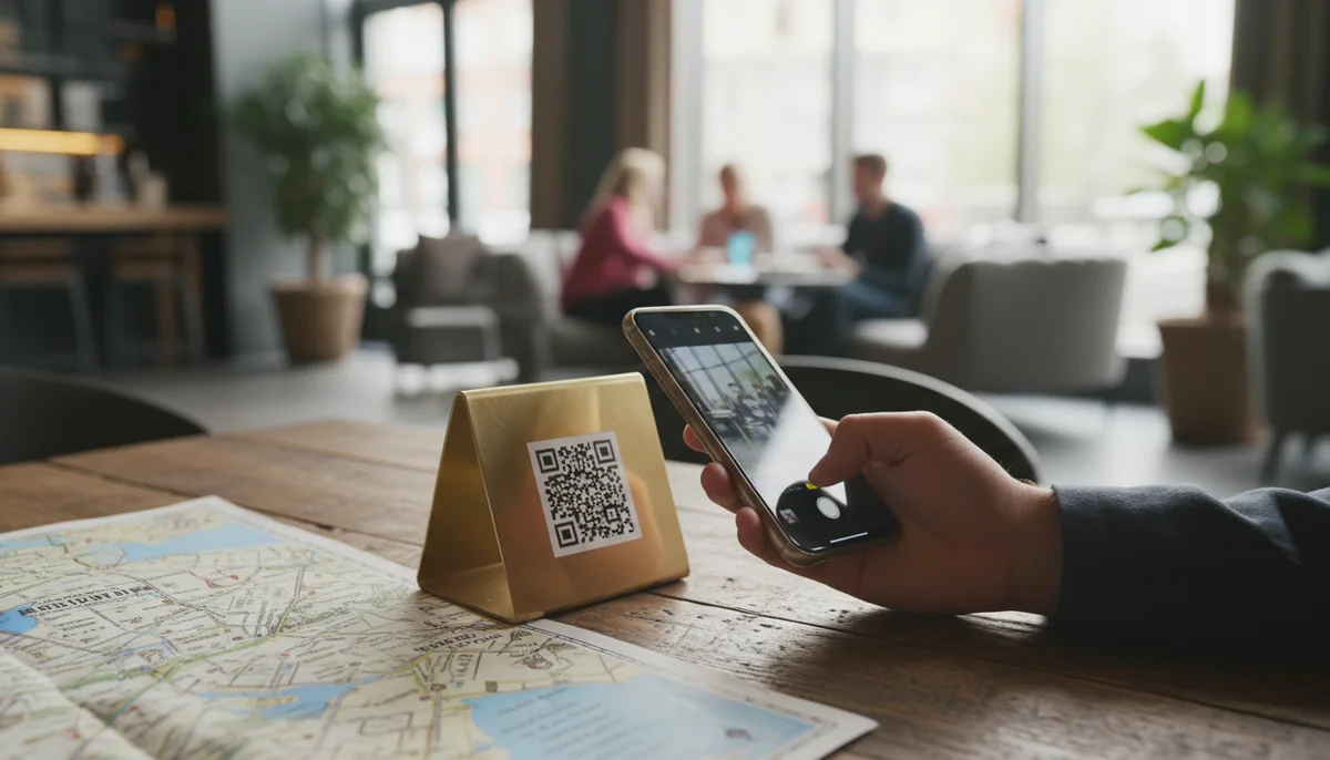 Traveler scans a QR code on a landmark sign, accessing a comprehensive digital QR code travel guide on their phone.