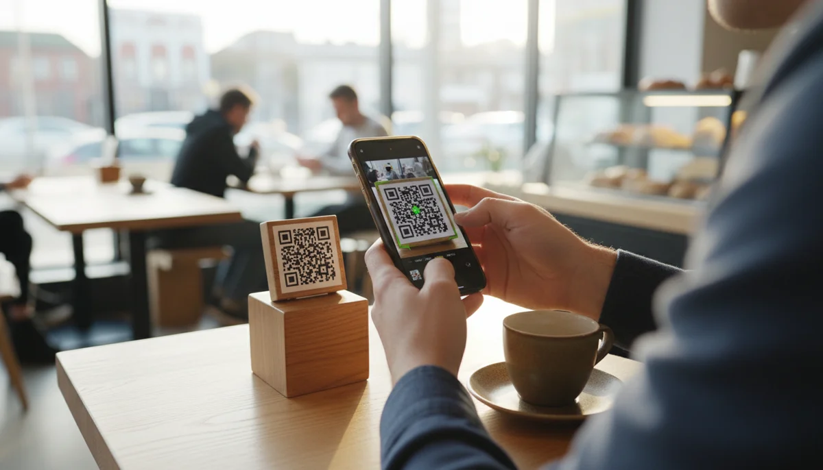 Mano escaneando un código QR para pagos o información en una pequeña tienda. QR para negocios pequeños.