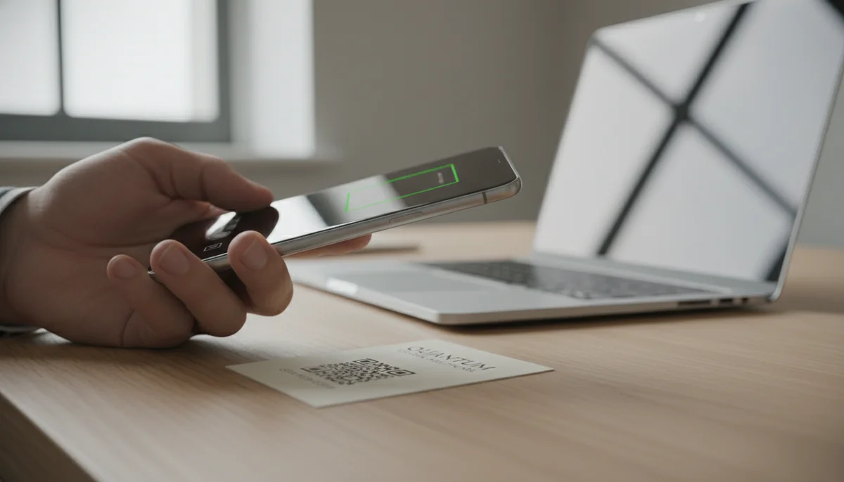 Mano escaneando código QR en móvil. Ilustra cómo crear un código QR para descargar PDF fácilmente.