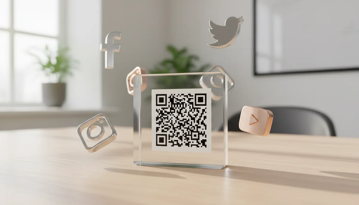 Smartphone con código QR en pantalla, rodeado de logos de redes sociales para compartir enlaces.