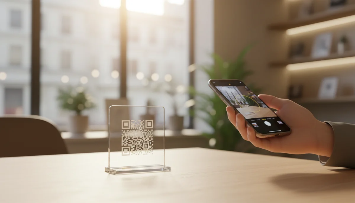 Smartphone scanning a QR code for quick, easy Google reviews.