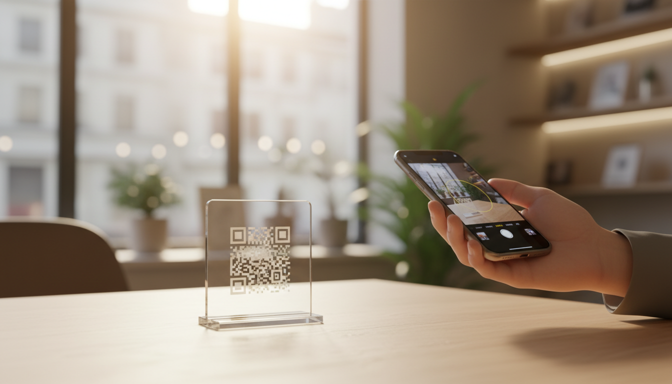 Smartphone scanning a QR code for quick, easy Google reviews.