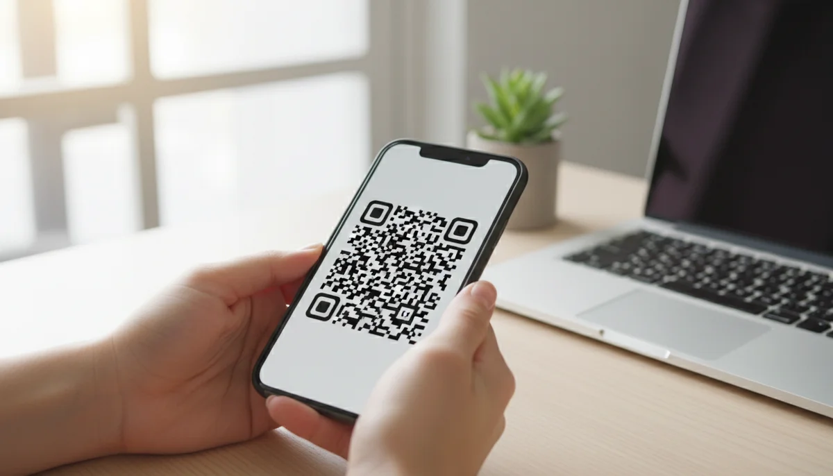 Mano escaneando un código QR desde un teléfono para compartir texto. Guía para crear QR texto.