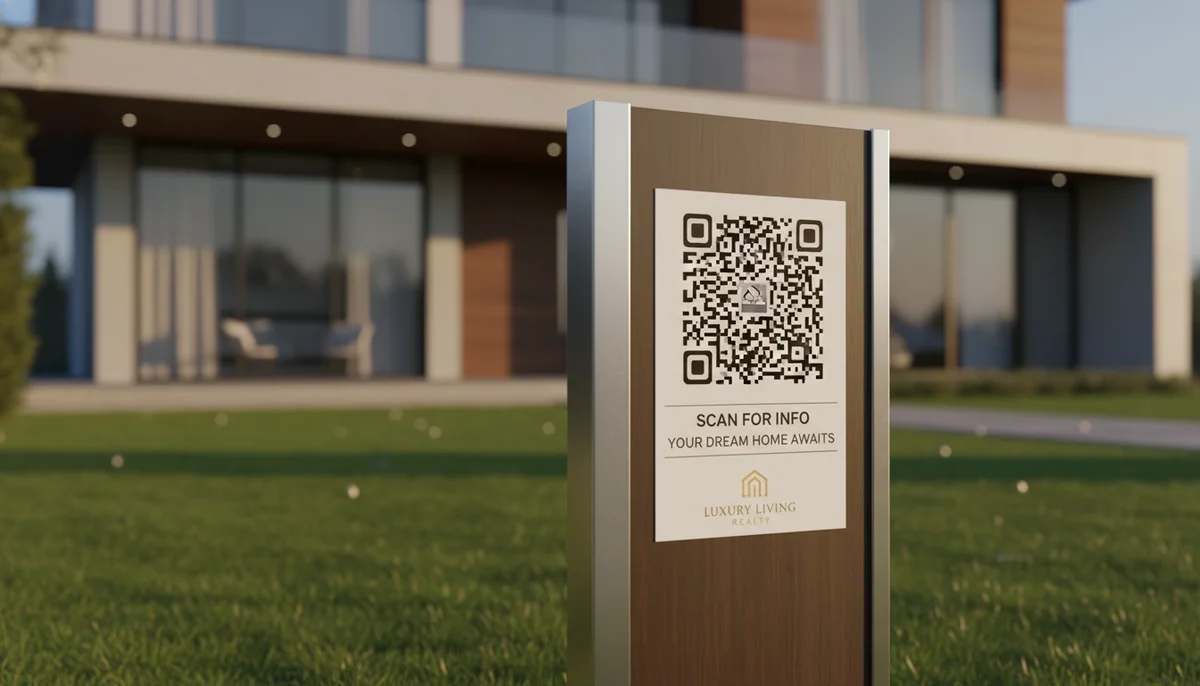 Real estate QR code on a property sign being scanned, linking buyers to listing details.
