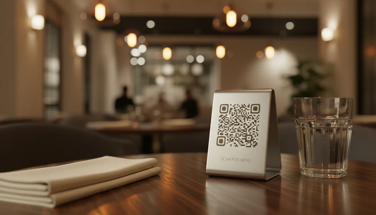 Hand scanning a restaurant QR code menu on a table, showing modern dining convenience.