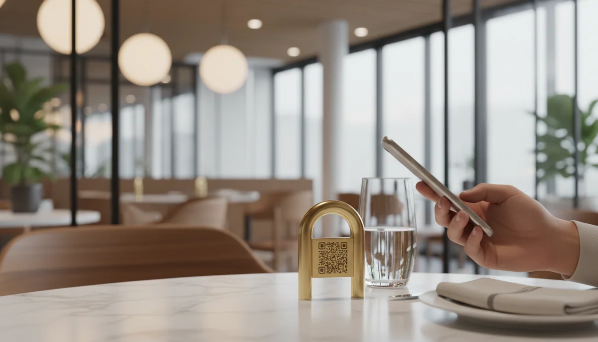 A hand scans a QR code with a smartphone, revealing a digital menu from a top restaurant QR code platform.