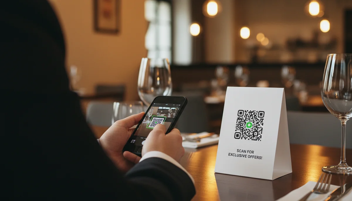 Smartphone scanning a QR code on a table tent, demonstrating effective restaurant qr promotions.